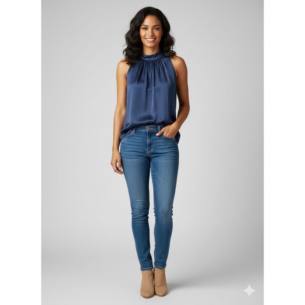 PROLOGUE Sleeveless Mock Neck‎ Gathered Front Blouse Blue Women's Size S